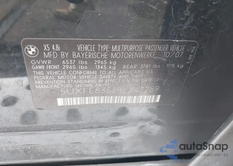 2008 BMW X5 4.8I из США, поврежденный, VIN 5UXFE83528LZ47289